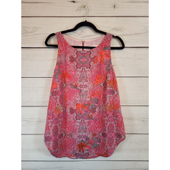 Cabi Women's Pink Red Colorful Paisley Jubilee Sleeveless Blouse Size S